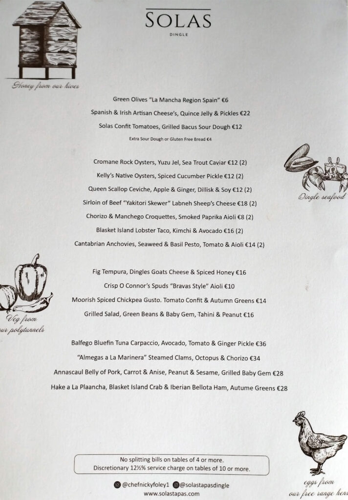 Solas Tapas Small Plates menu